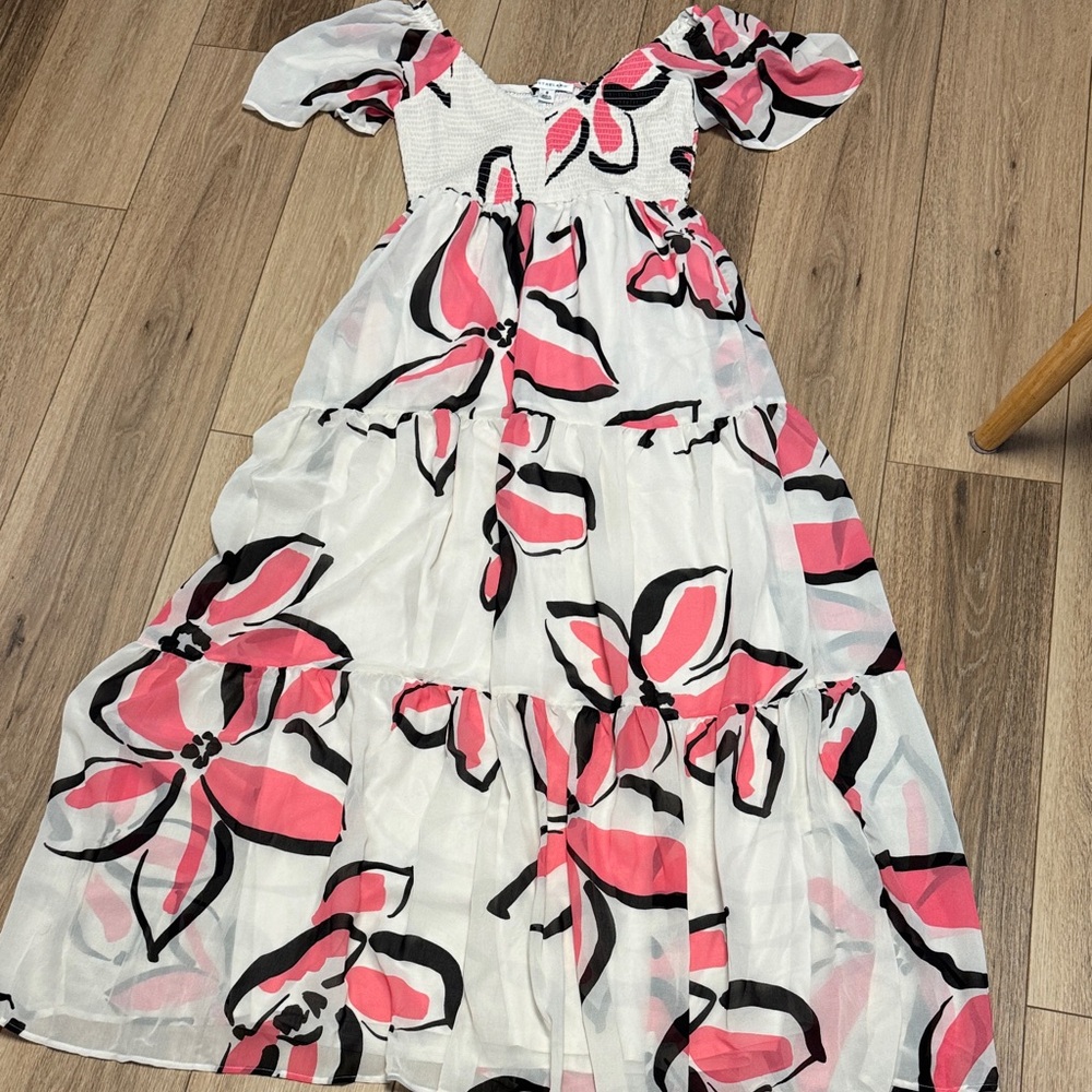 ONETHELAND NIP PINK BLACK WHITE ON/OFF SHOULDER Floral LINED MAXI Dress